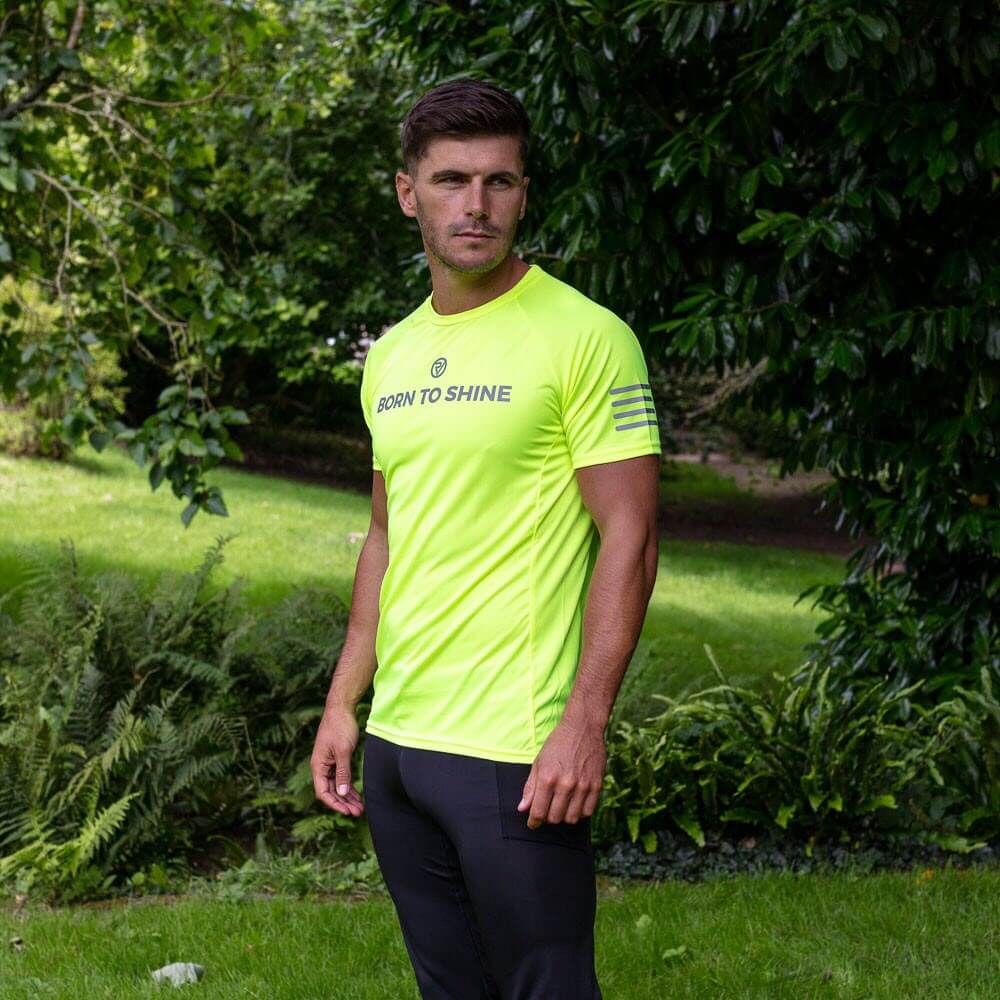 Proviz born to shine fluro yellow and reflective short sleeve running top moisture wicking