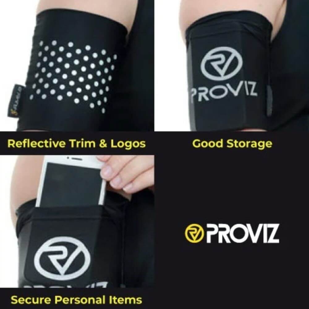 Proviz Fumble reflecitve phone arm pocket storage with reflective details. For running, walking and exercising.