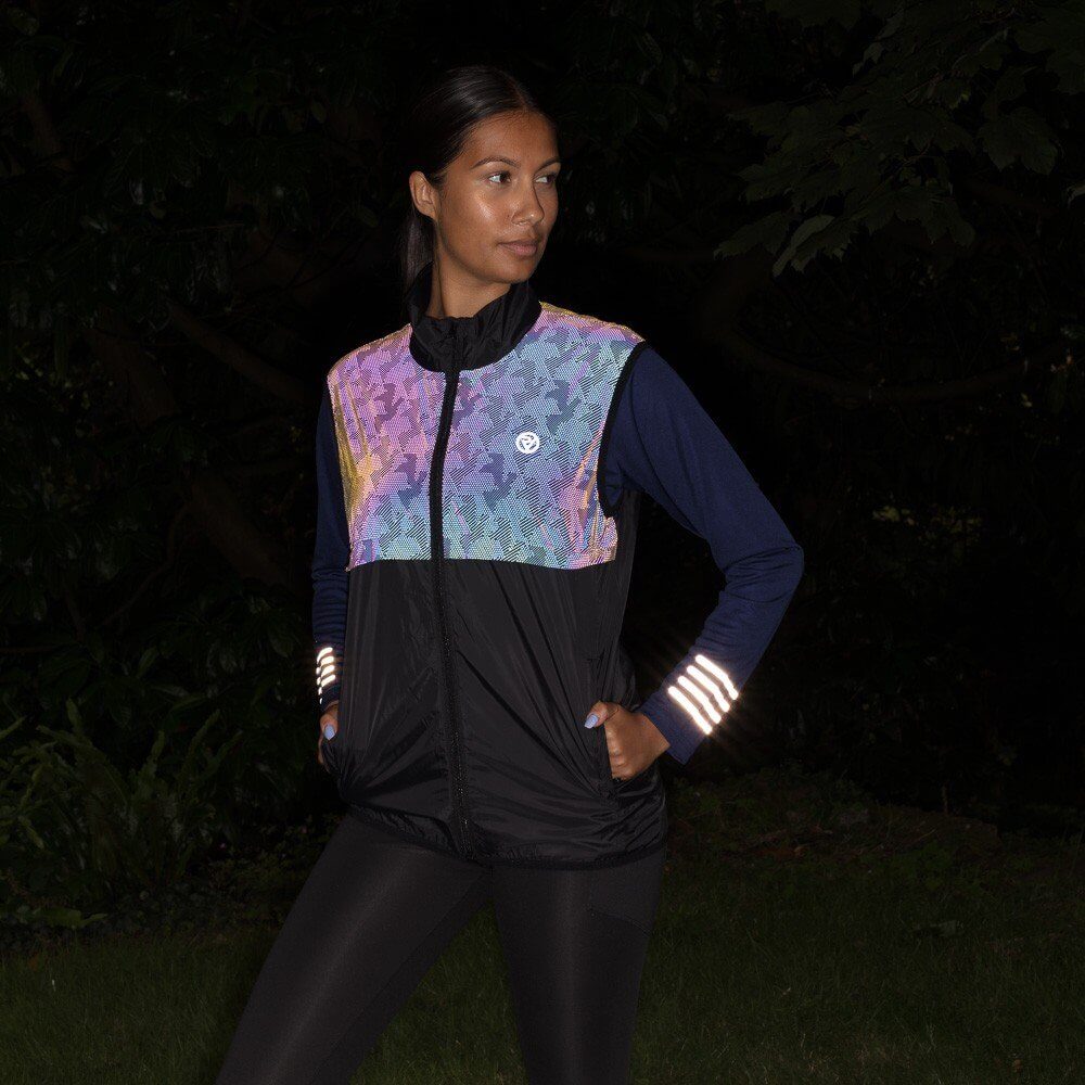 Womens rainbow reflective windproof, water resistant breathable run gilet