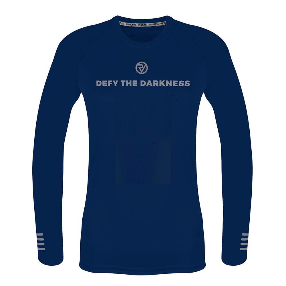 Proviz Womens Long Sleeve Running Top - Defy The Darkeness Dark blue with reflective details and comfort anti chafe collar