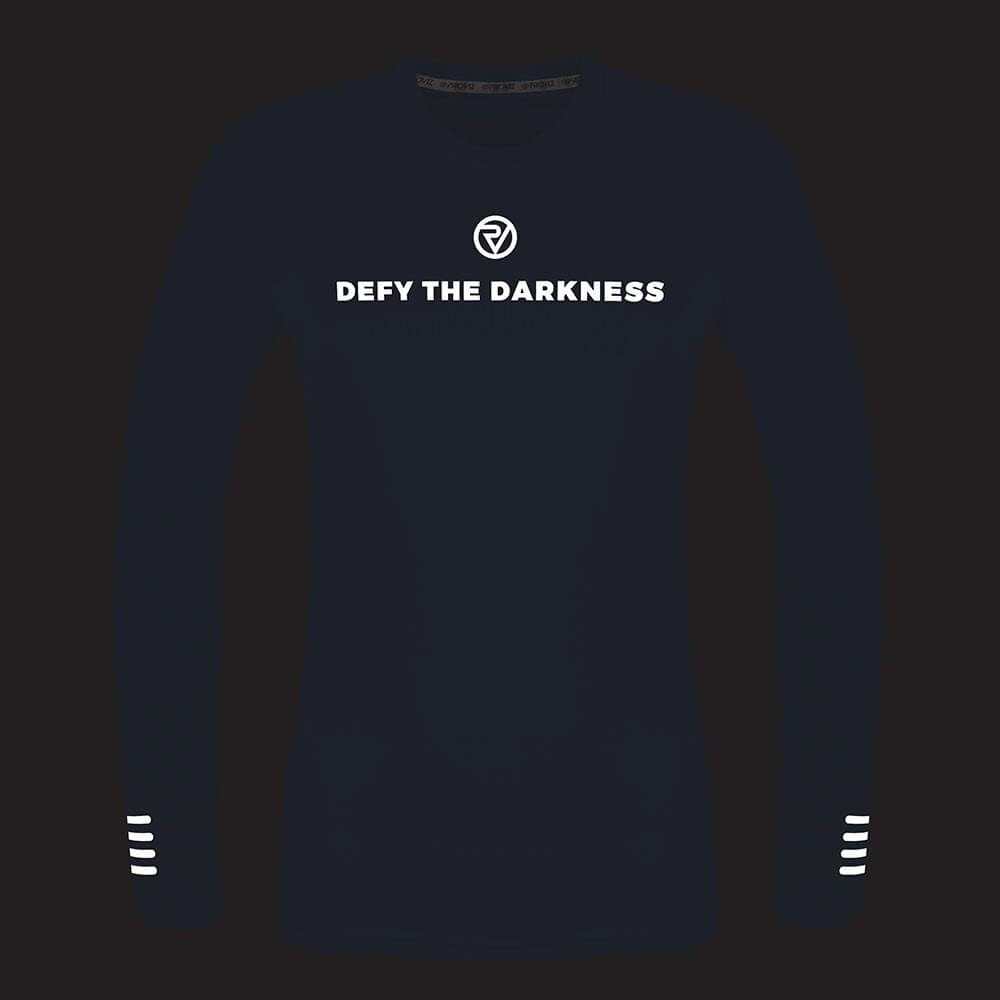 Proviz Womens Long Sleeve Running Top - Defy The Darkeness Dark blue with reflective details and comfort anti chafe collar