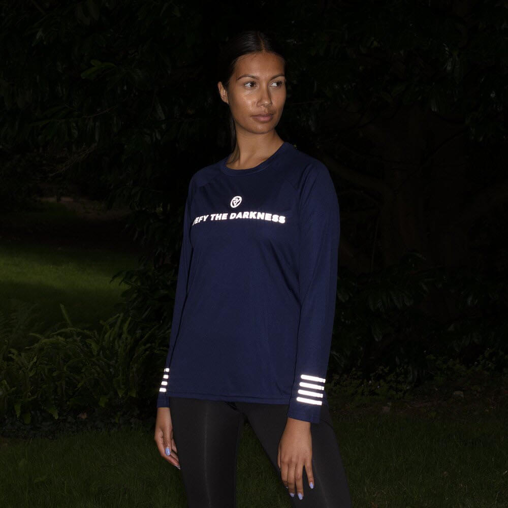Proviz Womens Long Sleeve Running Top - Defy The Darkeness Dark blue with reflective details and comfort anti chafe collar