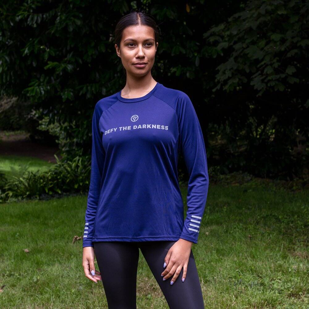 Proviz Womens Long Sleeve Running Top - Defy The Darkeness Dark blue with reflective details and comfort anti chafe collar