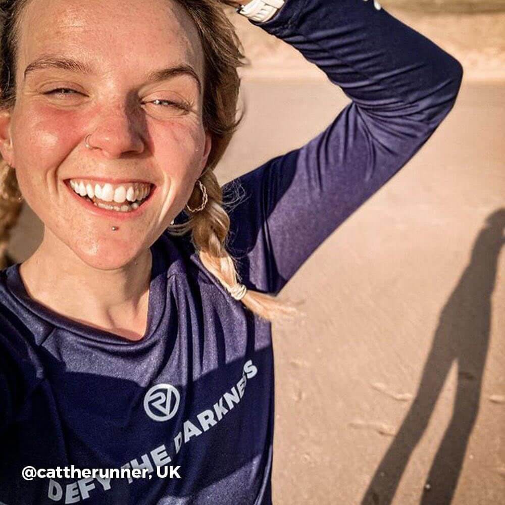 Proviz Womens Long Sleeve Running Top - Defy The Darkeness Dark blue with reflective details and comfort anti chafe collar