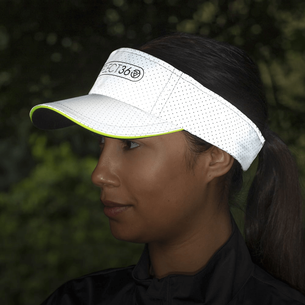 Proviz Fully Reflective Running Visor Fully Adjustable reflective night view on a long haired woman